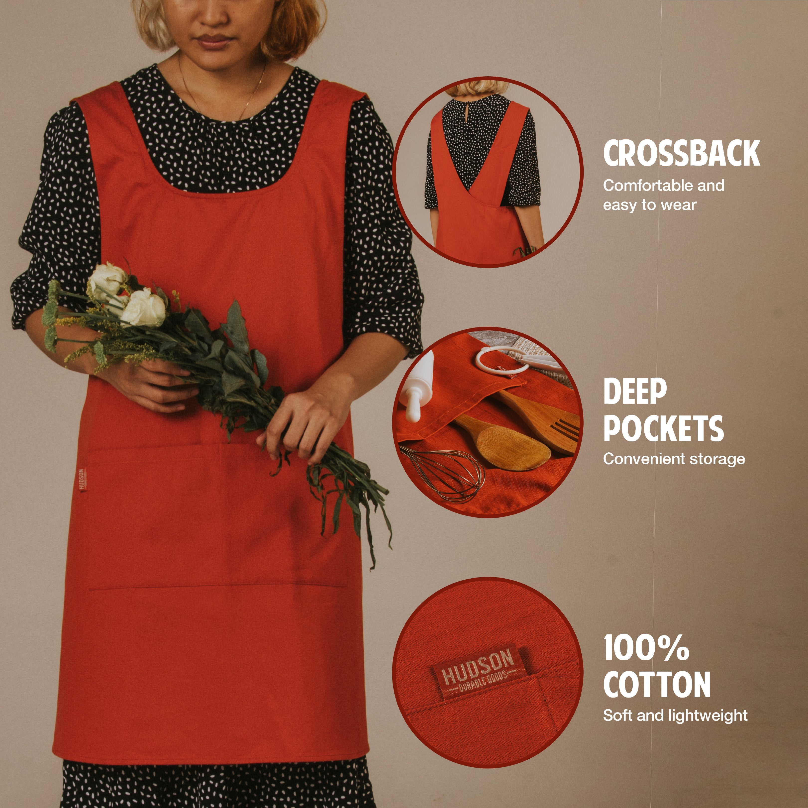 Hudson Durable Goods Cross Back Smock Apron for Women in Terracotta
