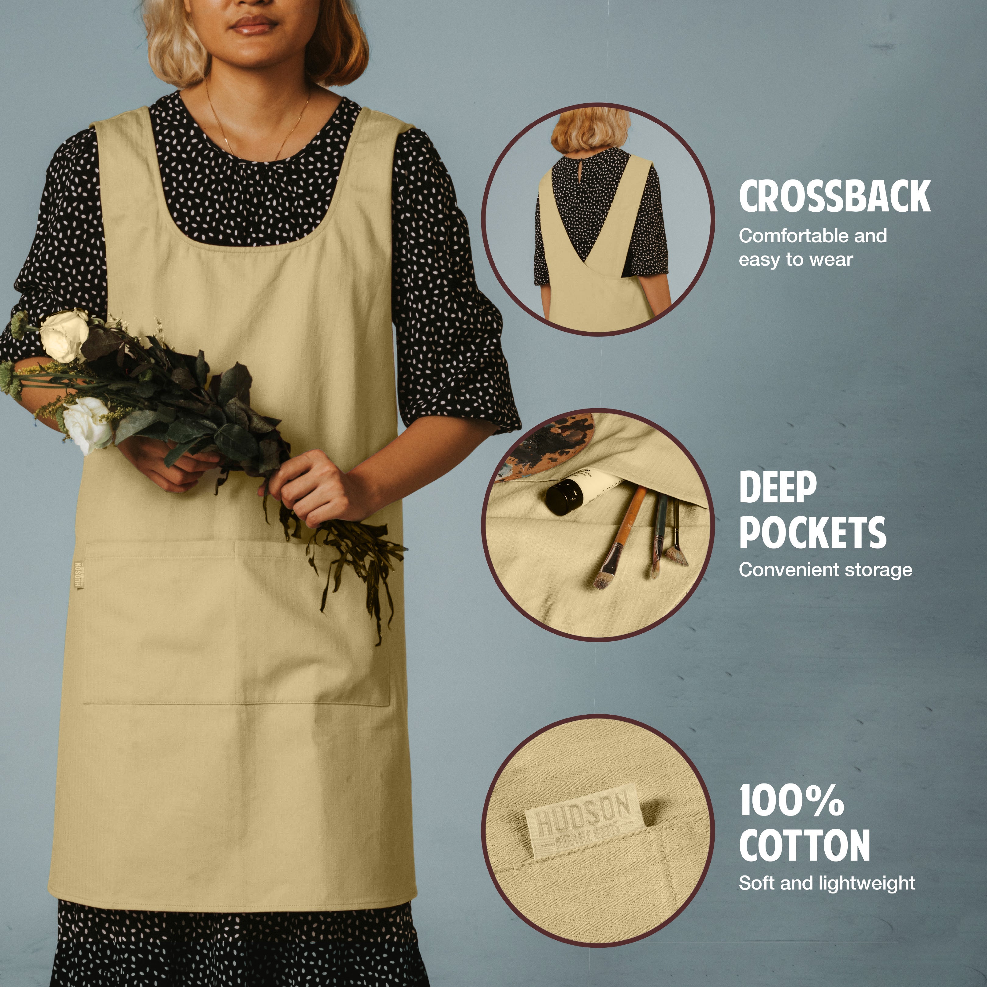 Hudson Durable Goods Smock Cross Back Apron for Women in Biscuit