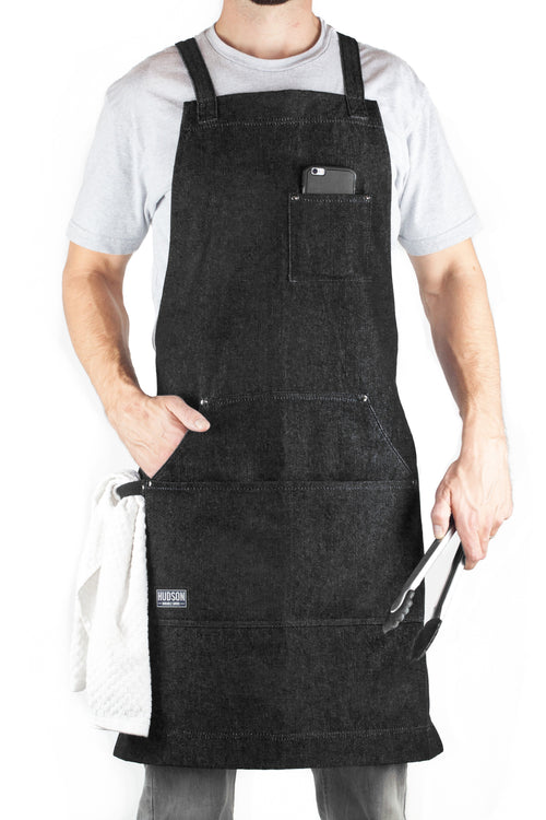 Denim Apron for Kitchen, Grill, and BBQ (Black Denim) - HDG805BD